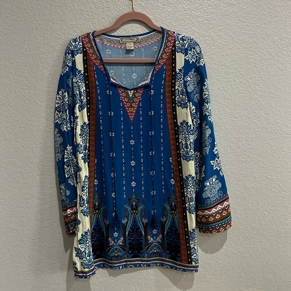 Flying Tomato Boho styleTunic With Bell Sleeves Size Medium, Blue